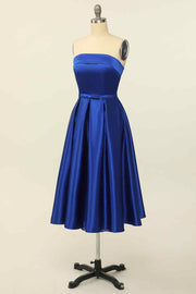 Royal Blue A-line Fold Strapless Lace-Up Back Satin Mini Homecoming Dress