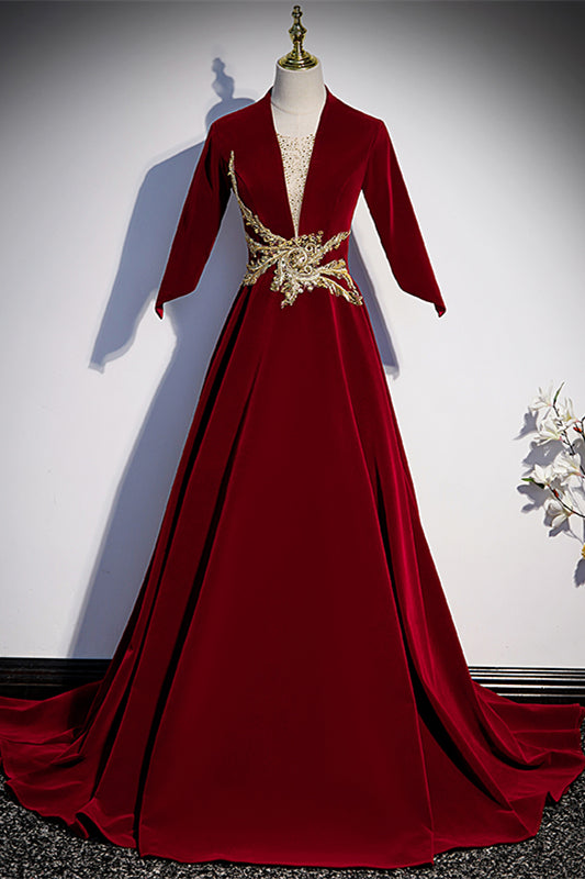 Red V Neck Long Sleeves Lace-Up Velvet Long Formal Dress with Gold Adornment