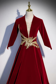 Red V Neck Long Sleeves Lace-Up Velvet Long Formal Dress with Gold Adornment