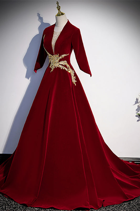 Red V Neck Long Sleeves Lace-Up Velvet Long Formal Dress with Gold Adornment