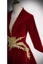 Red V Neck Long Sleeves Lace-Up Velvet Long Formal Dress with Gold Adornment