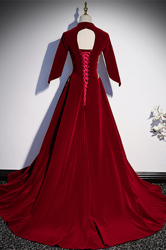 Red V Neck Long Sleeves Lace-Up Velvet Long Formal Dress with Gold Adornment