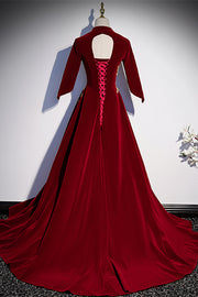 Red V Neck Long Sleeves Lace-Up Velvet Long Formal Dress with Gold Adornment