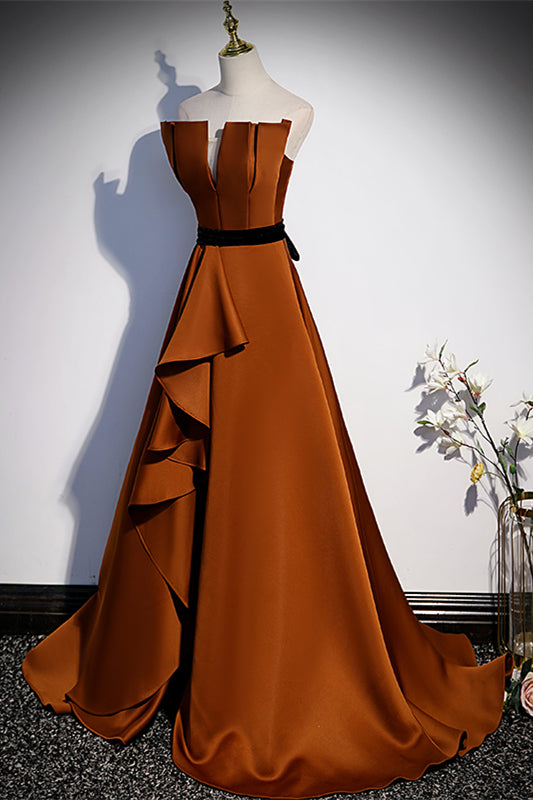 Terracotta A-line Strapless Lace-Up Satin Ruffle Long Formal Dress with Slit