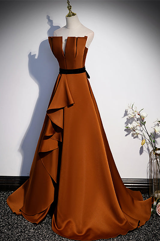 green emerald velvet dress A Line Satin Orange Long Prom Dresses, Orange Formal Bridesmaid Dresse –  shopluu main image 0