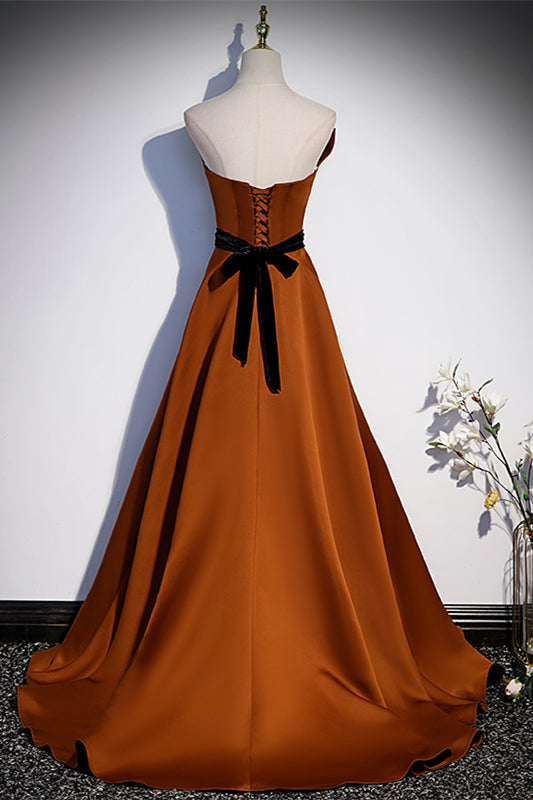 Terracotta A-line Strapless Lace-Up Satin Ruffle Long Formal Dress with Slit