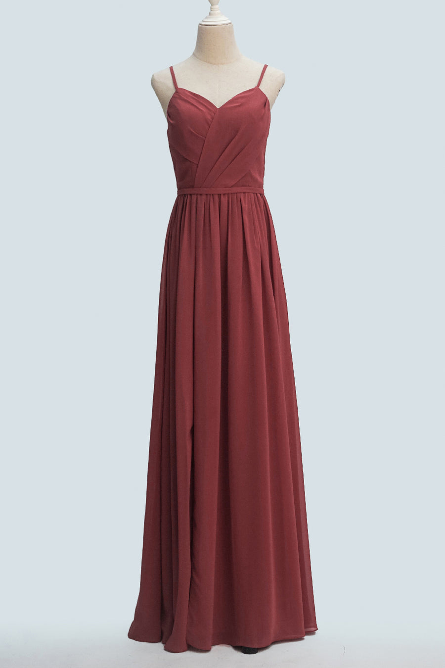 Scarlet A-line Spaghetti Straps Pleated Back Keyhole Long Bridesmaid Dress