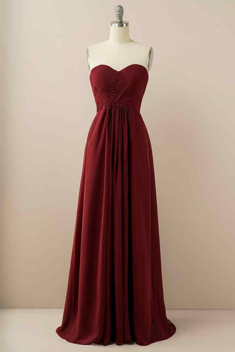 A-line Strapless Chiffon Pleated Lace-Up Back Long Bridesmaid Dress