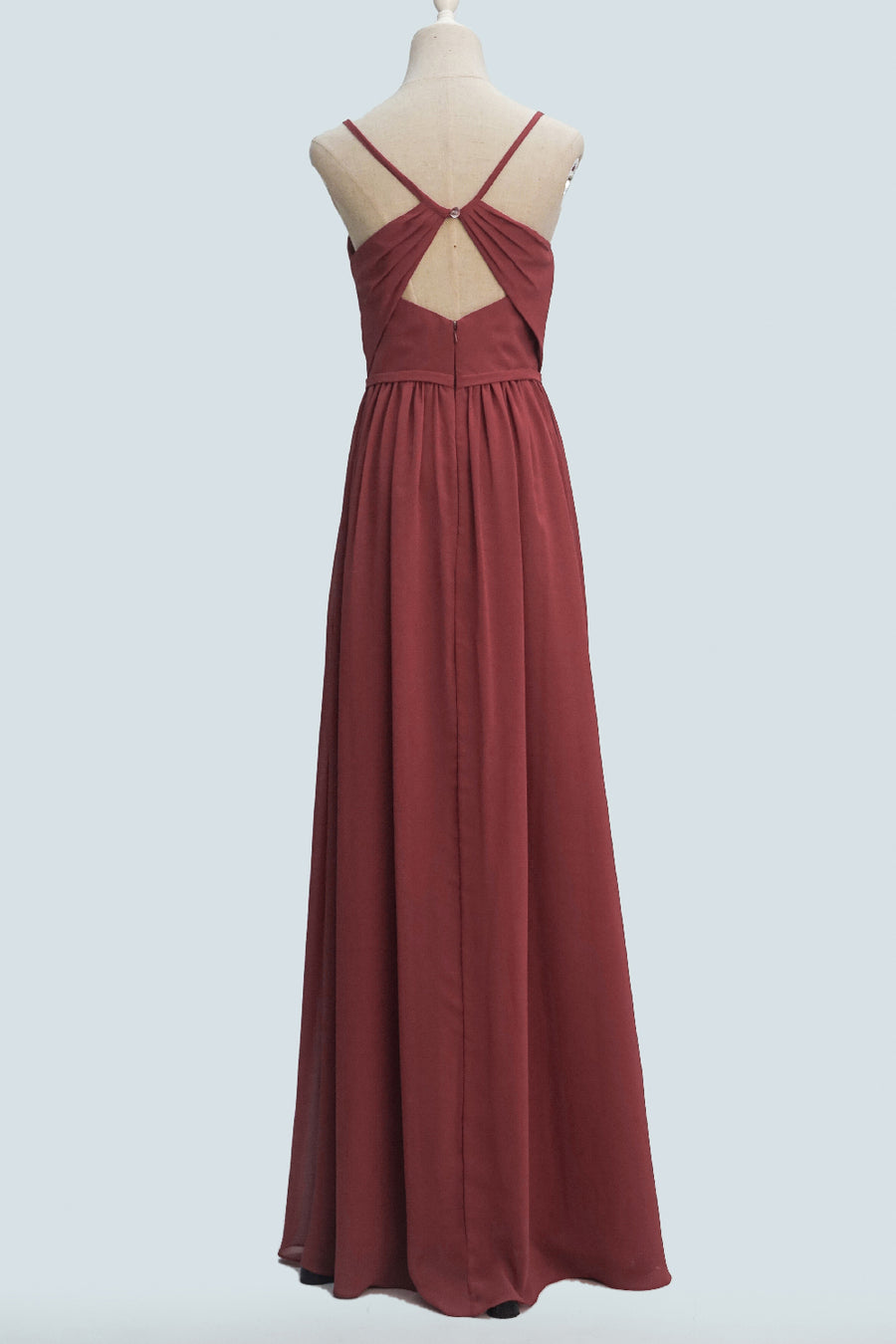 Scarlet A-line Spaghetti Straps Pleated Back Keyhole Long Bridesmaid Dress