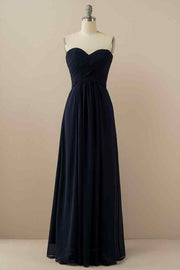 A-line Strapless Chiffon Pleated Lace-Up Back Long Bridesmaid Dress