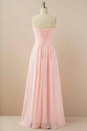 A-line Strapless Chiffon Pleated Lace-Up Back Long Bridesmaid Dress