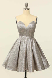 Silver A-line Strapless Sweetheart Lace-Up Back Mini Homecoming Dress