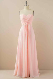 A-line Strapless Chiffon Pleated Lace-Up Back Long Bridesmaid Dress