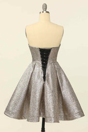 Silver A-line Strapless Sweetheart Lace-Up Back Mini Homecoming Dress