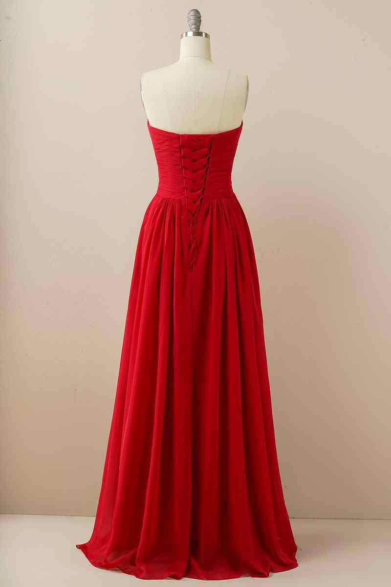 A-line Strapless Chiffon Pleated Lace-Up Back Long Bridesmaid Dress