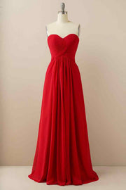 A-line Strapless Chiffon Pleated Lace-Up Back Long Bridesmaid Dress