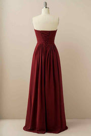 A-line Strapless Chiffon Pleated Lace-Up Back Long Bridesmaid Dress