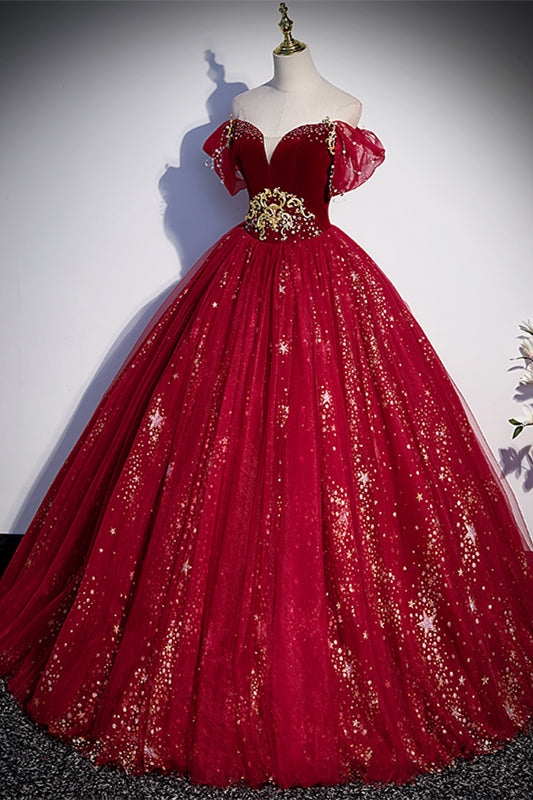 Red Off-the-Shoulder Lace-Up Tulle Long Formal Dress with Gold Adornment