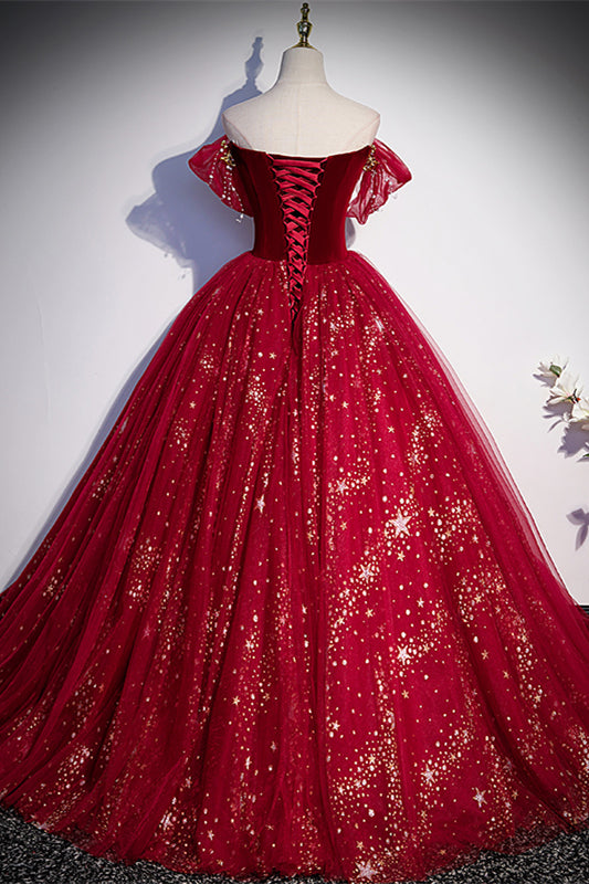 Red Off-the-Shoulder Lace-Up Tulle Long Formal Dress with Gold Adornment
