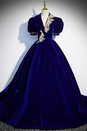 Royal Blue V Neck Puff Sleeves Lace-Up Beaded Velvet Applique Long Formal Dress