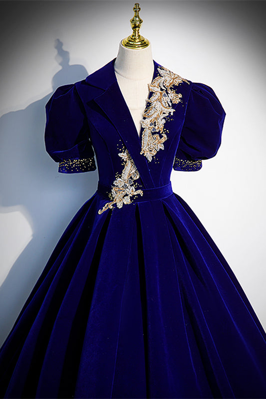 Royal Blue V Neck Puff Sleeves Lace-Up Beaded Velvet Applique Long Formal Dress