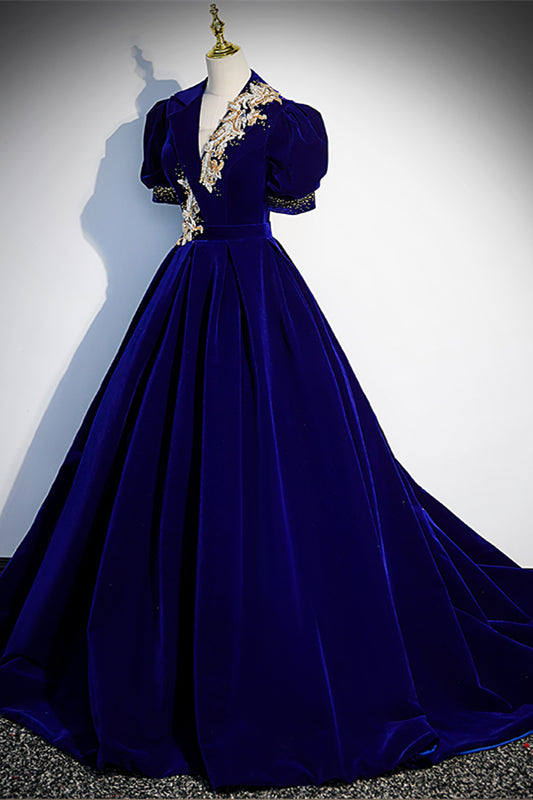 Royal Blue V Neck Puff Sleeves Lace-Up Beaded Velvet Applique Long Formal Dress