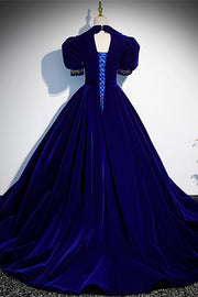 Royal Blue V Neck Puff Sleeves Lace-Up Beaded Velvet Applique Long Formal Dress