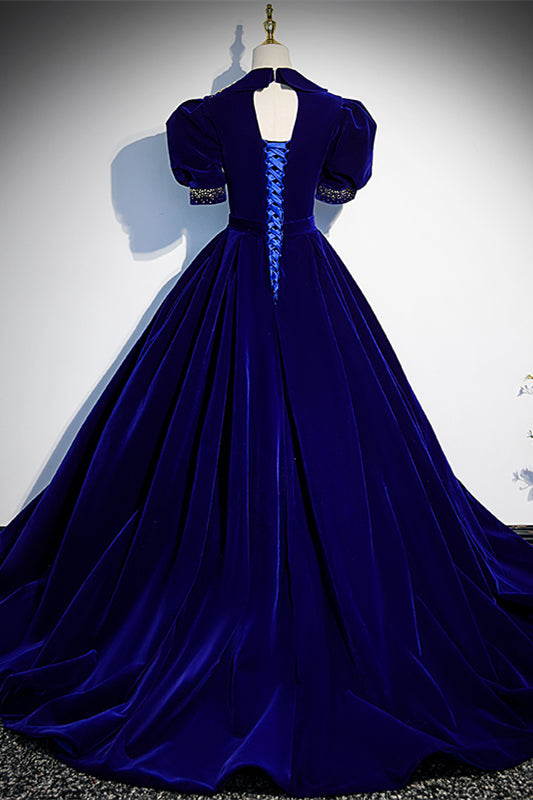 Royal Blue Velvet Dress Short V-Neck Short Sleeves A-Line Empire Velvet Formal Prom Dress Royal Blue / US 12 Royal Blue Velvet Dress Short V-Neck Short Sleeves A-Line Empire Velvet Formal Prom Dress Royal Blue / US 12