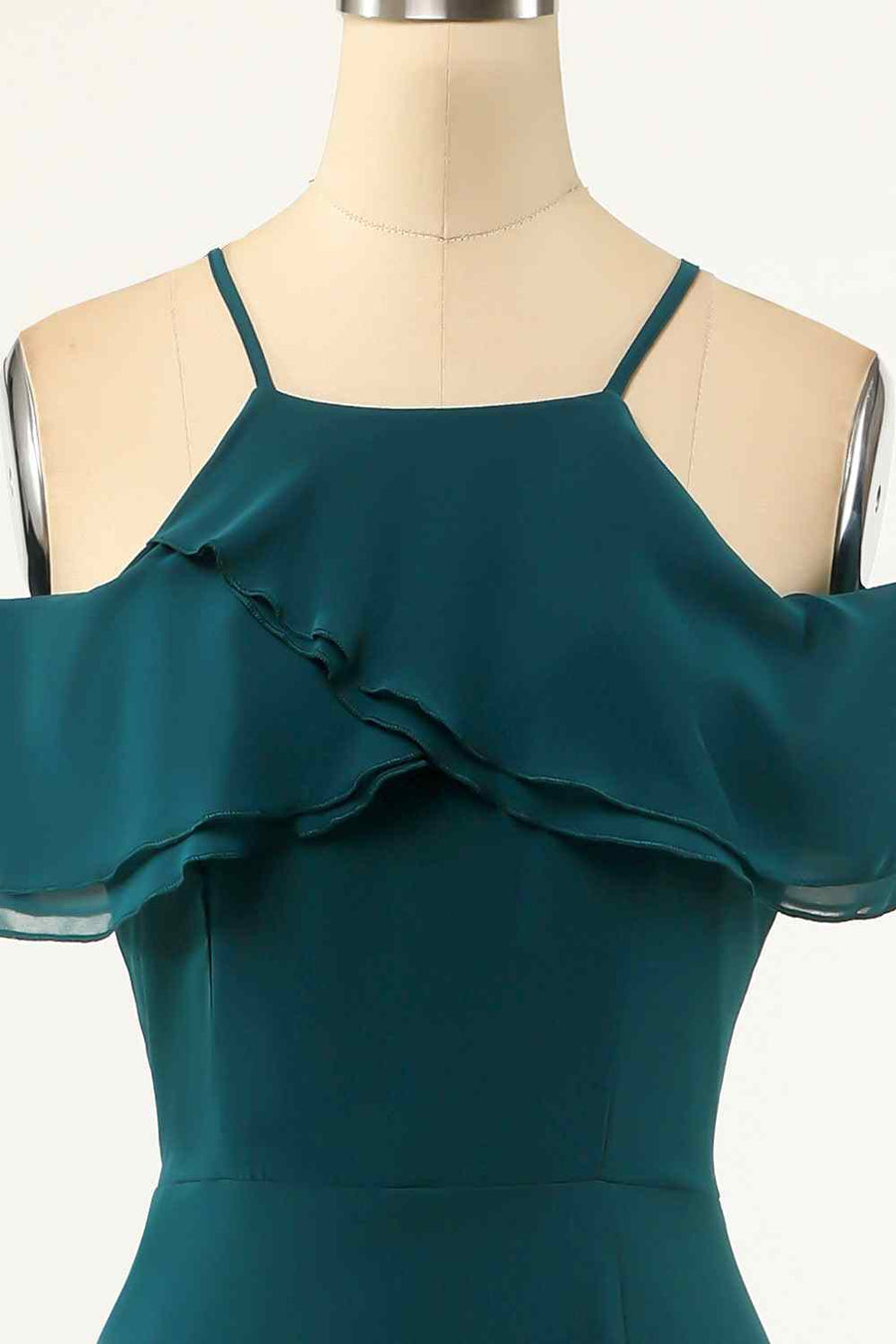 Peacock Green A-line Off-Shoulder Chiffon Crepe Long Bridesmaid Dress