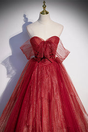 Red Sparkly Sweetheart Tulle Long Formal Dress with Detachable Off-the-Shoulder