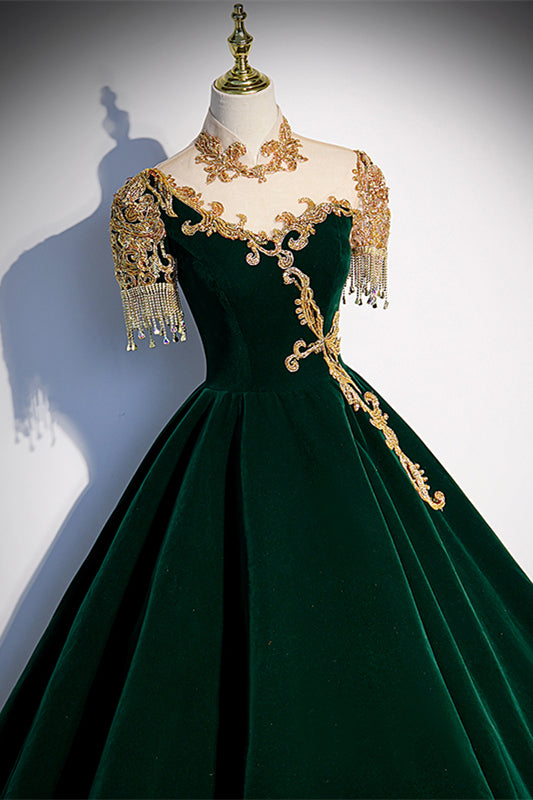 Hunter Green A-line Illusion Neck Lace-Up Velvet Long Formal Dress with Gold Adornment