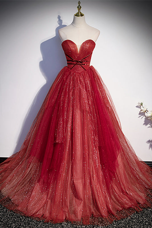 Red Sparkly Sweetheart Tulle Long Formal Dress with Detachable Off-the-Shoulder