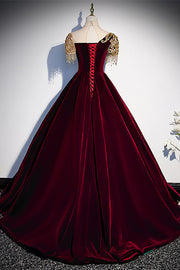 Burgundy A-line Illusion Neck Lace-Up Velvet Long Formal Dress with Gold Adornment