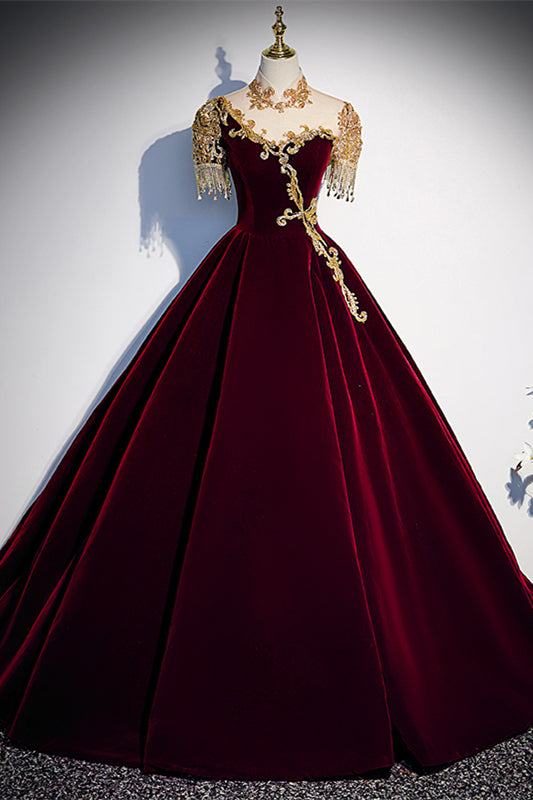 Burgundy A-line Illusion Neck Lace-Up Velvet Long Formal Dress with Gold Adornment
