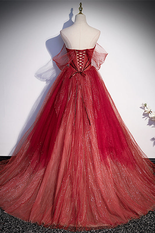 Red Sparkly Sweetheart Tulle Long Formal Dress with Detachable Off-the-Shoulder