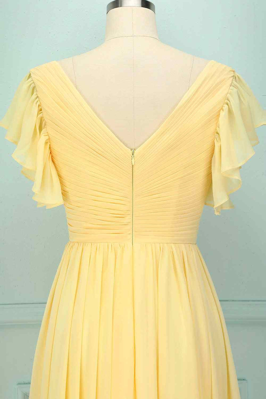 Light Yellow A-line V Neck Pleated Chiffon Ruffle Long Bridesmaid Dress Light Yellow / US 14 Light Yellow A-line V Neck Pleated Chiffon Ruffle Long Bridesmaid Dress Light Yellow / US 14