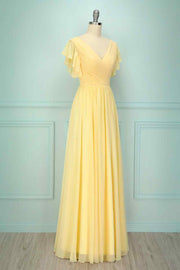 Light Yellow A-line V Neck Pleated Chiffon Ruffle Long Bridesmaid Dress