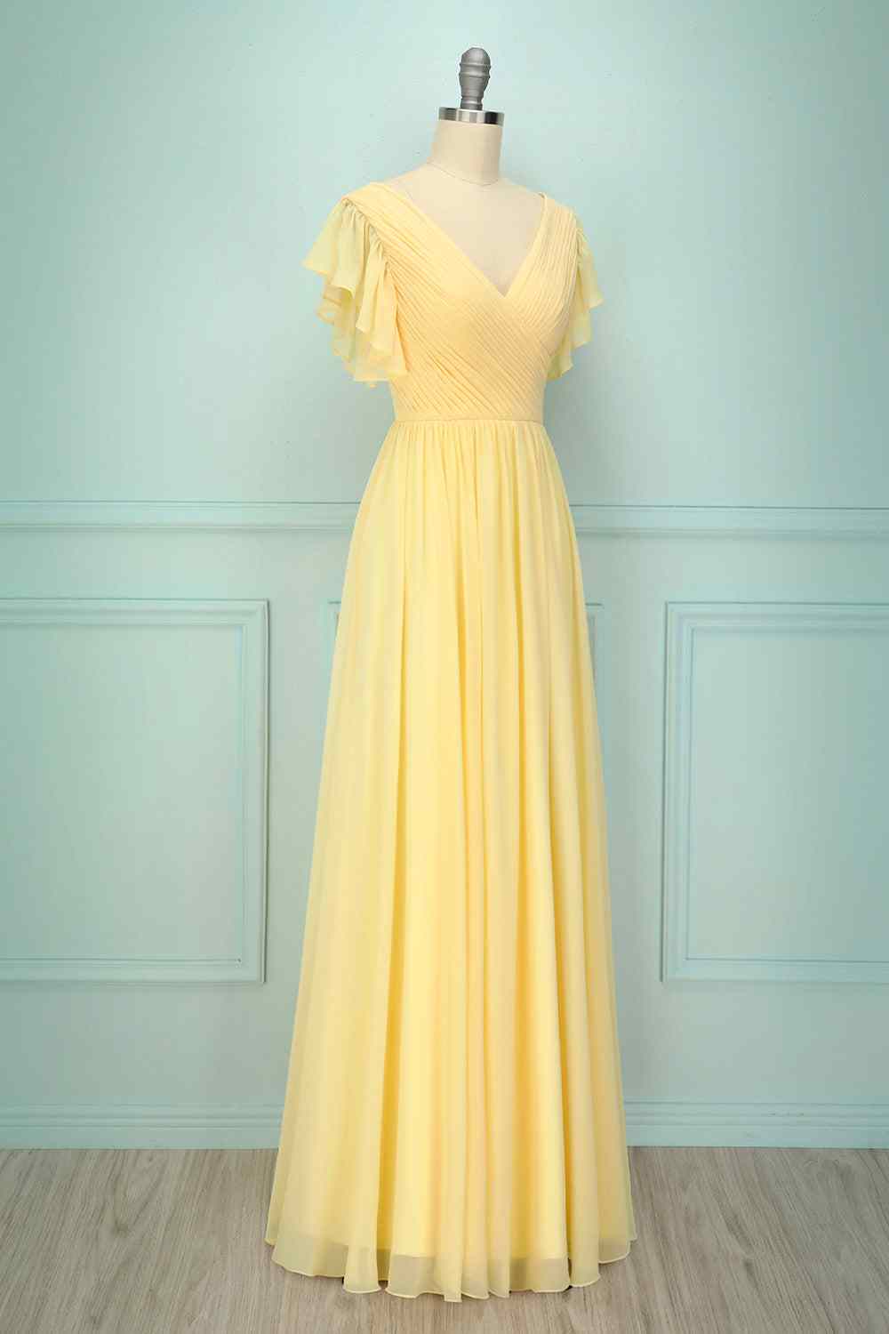 open lace back dress Light Yellow Straps Satin Long Bridesmaid Dress – FancyVestido main image 1