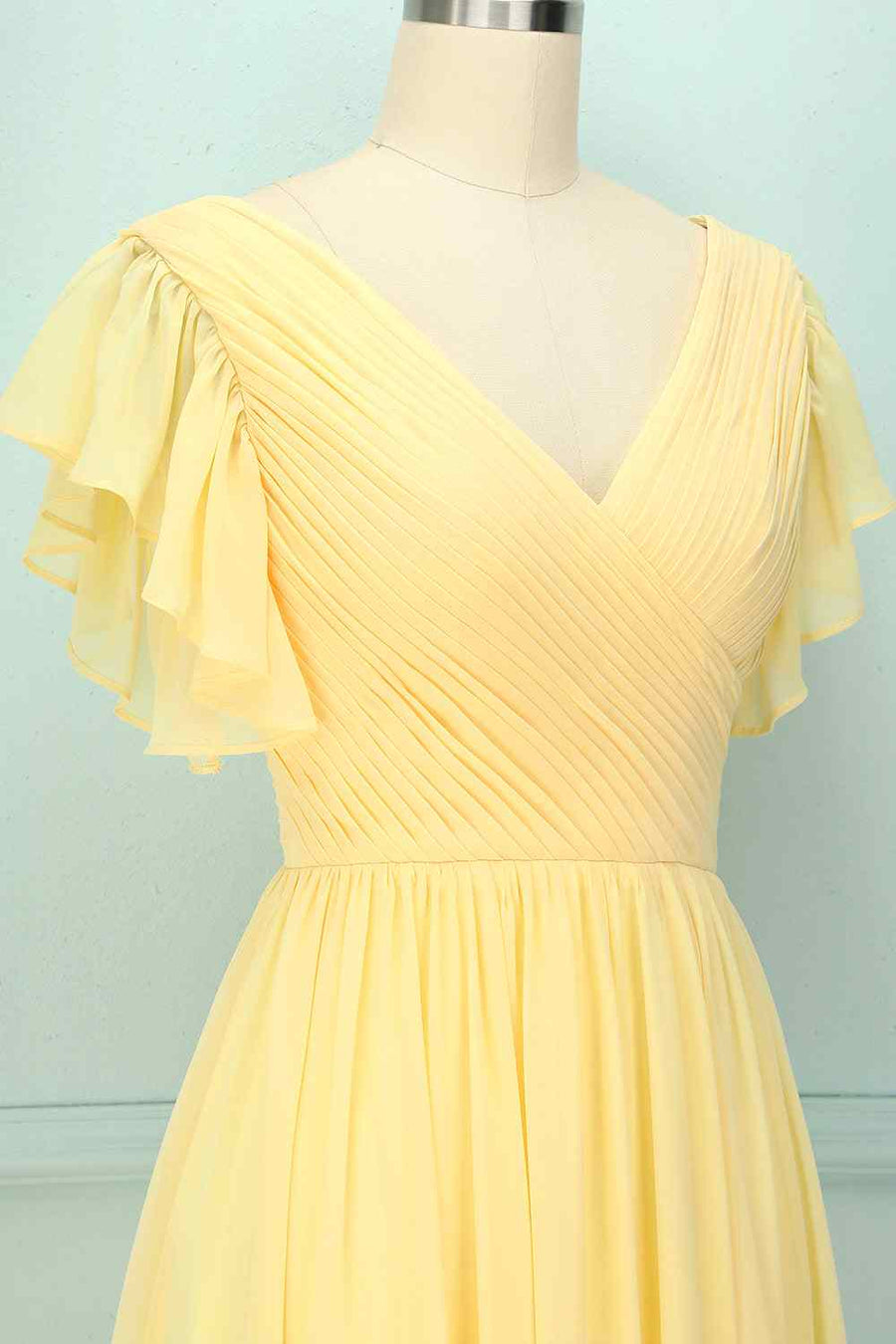 Light Yellow A-line V Neck Pleated Chiffon Ruffle Long Bridesmaid Dress Light Yellow / US 14 Light Yellow A-line V Neck Pleated Chiffon Ruffle Long Bridesmaid Dress Light Yellow / US 14