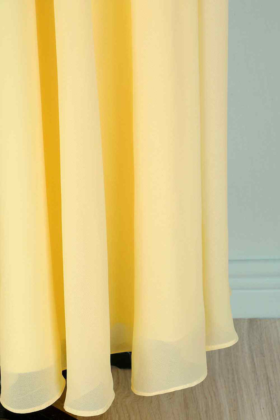 Light Yellow A-line V Neck Pleated Chiffon Ruffle Long Bridesmaid Dress