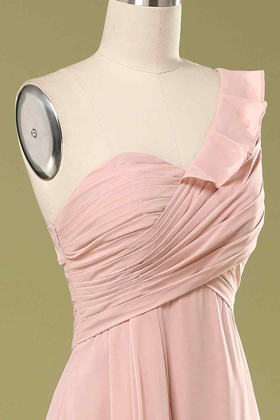 Blushing Pink A-line One Shoulder Pleated Chiffon Ruffle Long Bridesmaid Dress