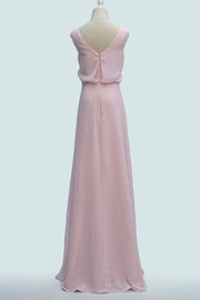 Candy Pink A-line Cowl Neck Chiffon Layer Long Bridesmaid Dress