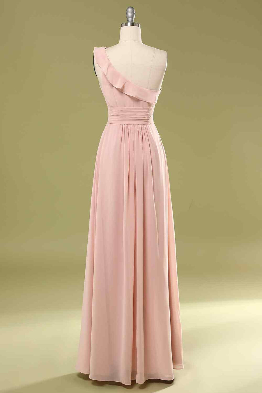 Blushing Pink A-line One Shoulder Pleated Chiffon Ruffle Long Bridesmaid Dress