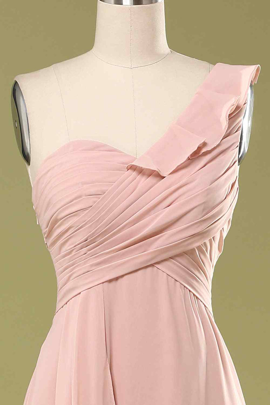 Blushing Pink A-line One Shoulder Pleated Chiffon Ruffle Long Bridesmaid Dress