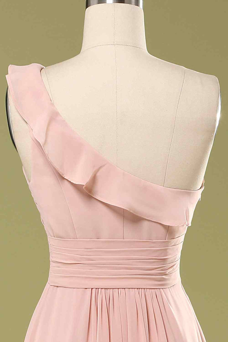 Blushing Pink A-line One Shoulder Pleated Chiffon Ruffle Long Bridesmaid Dress