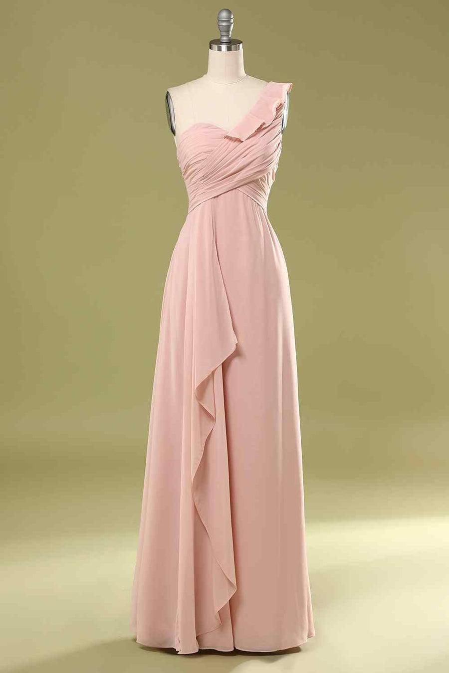 Blushing Pink A-line One Shoulder Pleated Chiffon Ruffle Long Bridesmaid Dress