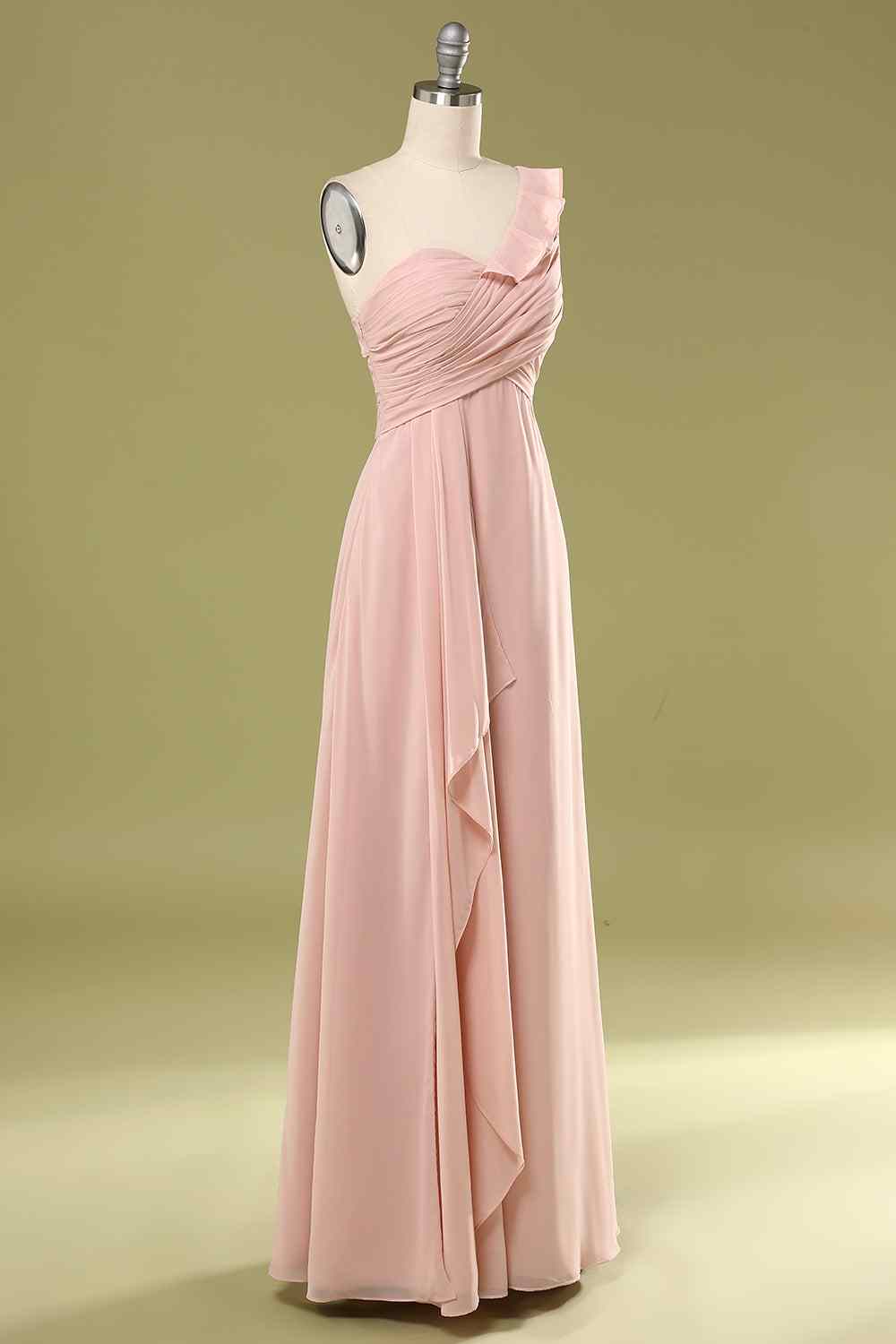Blushing Pink A-line One Shoulder Pleated Chiffon Ruffle Long Bridesmaid Dress