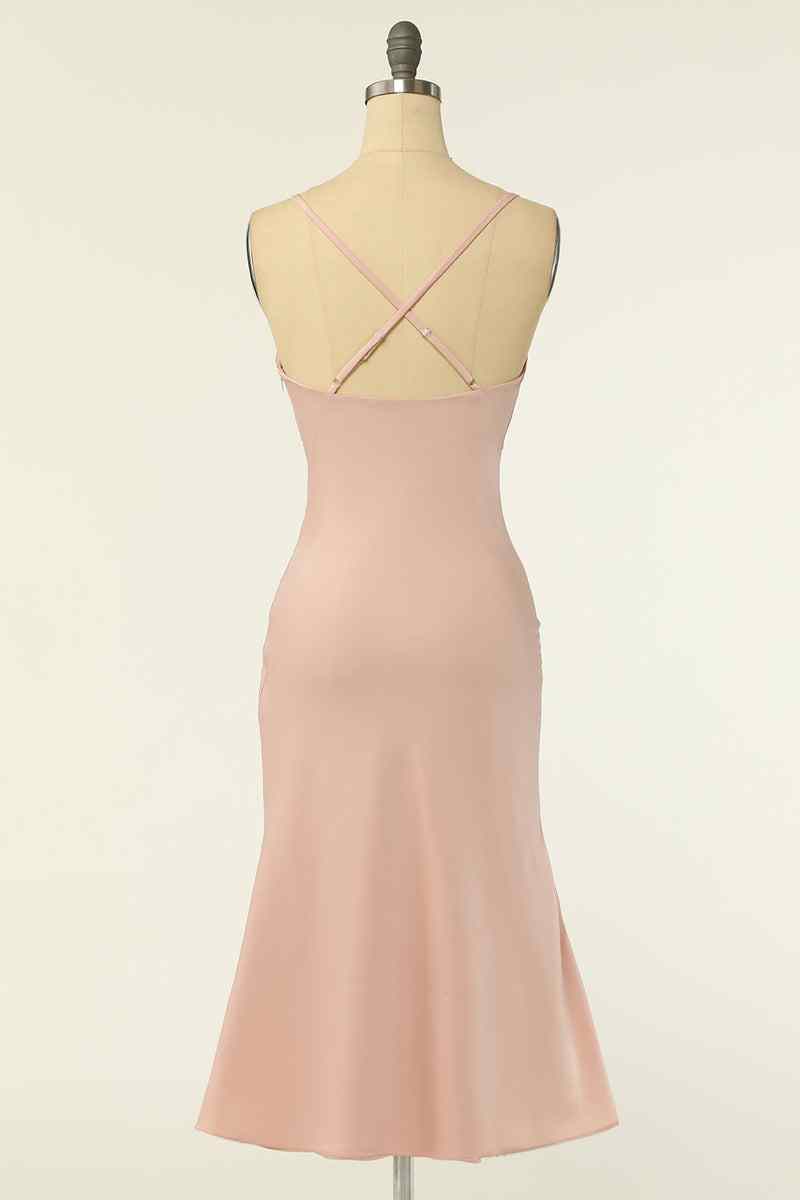 Blushing Pink Mermaid Cowl Neck Chiffon Lace-Up Back knee Length Bridesmaid Dress Blushing Pink / US 16 Blushing Pink Mermaid Cowl Neck Chiffon Lace-Up Back knee Length Bridesmaid Dress Blushing Pink / US 16