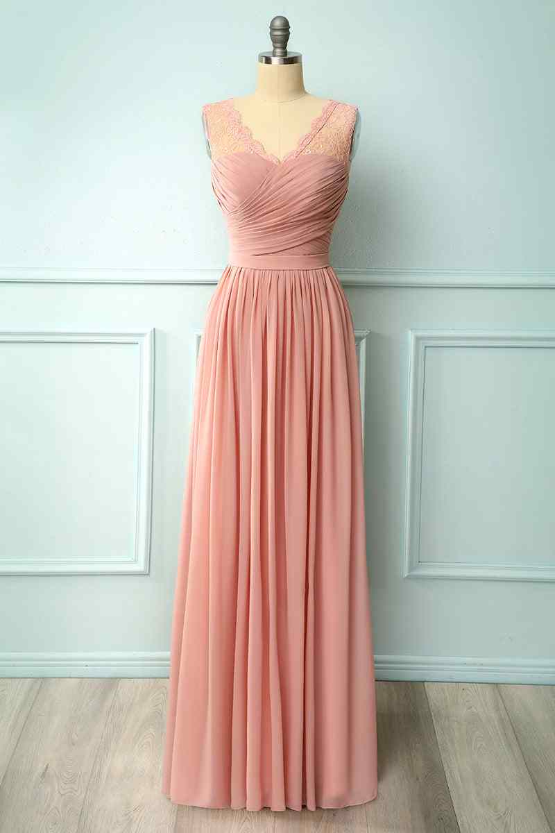 Dusty Pink A-line Illusion Lace Neck Pleated Chiffon Long Bridesmaid Dress