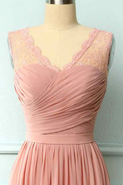 Dusty Pink A-line Illusion Lace Neck Pleated Chiffon Long Bridesmaid Dress
